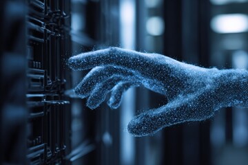 Poster - Close-up of a digital hand made of glowing particles interacting with a server rack in a data center with blue ambient lighting and technological atmosphere