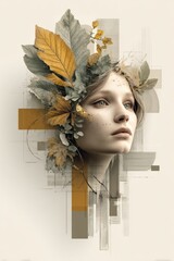 Poster - Beautiful women's face with creative autumn leaf crown and artistic graphic design elements for seasonal or nature themed projects