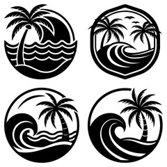 Poster - Collection of beach themed designs featuring palm trees and waves in circular and shield shaped frames