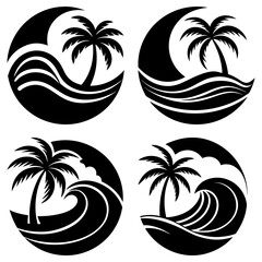 Poster - Four circular designs featuring palm trees and ocean waves in a black and white minimalist illustration style