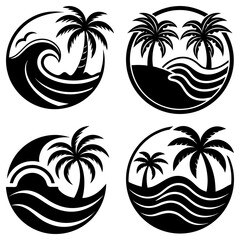 Poster - Four circular designs featuring palm trees waves and beach scenes in a black and white vector illustration