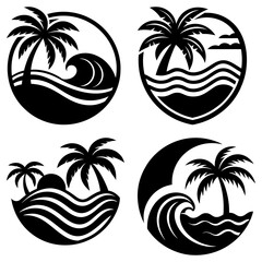 Poster - Four stylized black and white beach scenes featuring palm trees waves and sun in circular and shield shapes