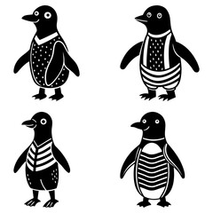 Poster - Four stylized penguins with different patterns on their bodies in black and white illustration style