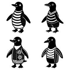 Poster - Four stylized penguins wearing different patterned outfits in black and white illustration style