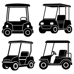 Poster - Four black and white silhouette illustrations of golf carts with various designs and orientations