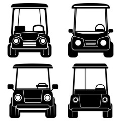 Poster - Illustration of four black and white golf carts with different front designs on a white background