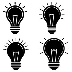 Fototapete - A collection of four black light bulbs with radiating lines on a white background in a simple design