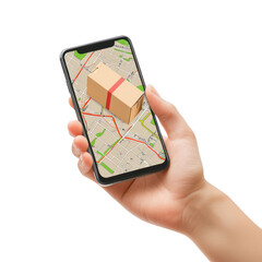 A hand holding a smartphone showing a delivery tracking app with a package on the map. full length isolate on transparent background