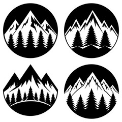 Poster - Four circular mountain scenes with pine trees in black and white vector illustration design element set