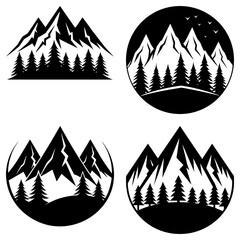 Fototapete - Illustration of four mountain range designs with pine tree forests in black and white landscape art style