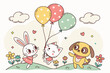 © RizwanUllah - Cartoon illustration of a rabbit, cat and dog with balloons in a whimsical outdoor setting scene