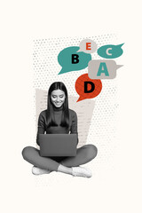 Aufkleber - Template sketch trend artwork 3D photo collage of young woman sit down hold laptop chat type message cloud thought balloon comment