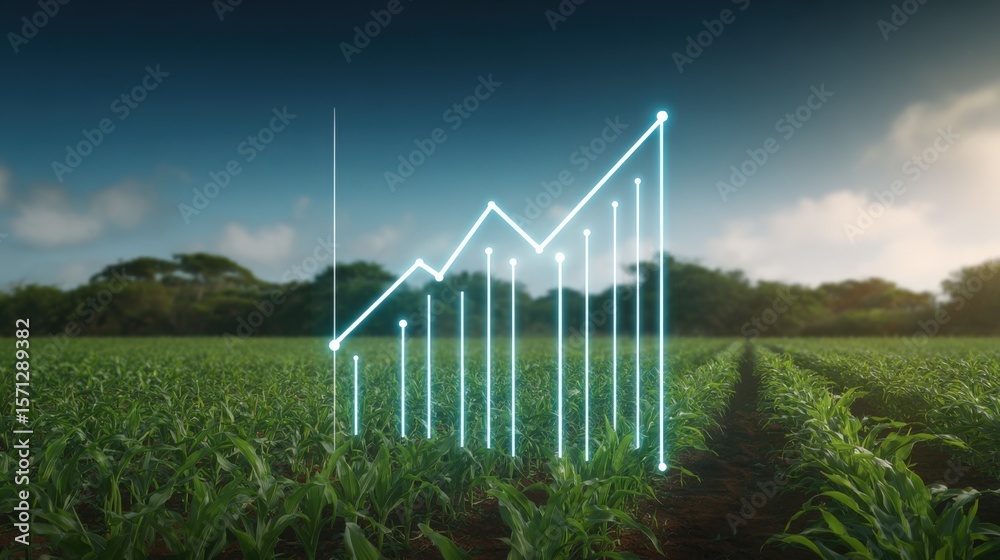 Lush green agricultural field with futuristic glowing digital graph and ...