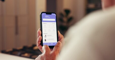 Poster - Hands, senior person and phone screen in house on website, research and social media. Elderly man, display and reading on mobile with trending news, browsing online and app information for retirement