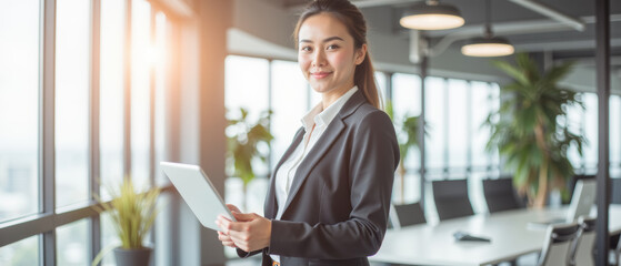 Poster - Professional woman in modern office holding tablet, smiling confidently. Bright sunlight illuminates space, creating warm atmosphere