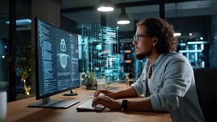 Person concentrated on computer screen coding security measures