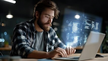 Person focused on laptop with code display