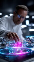Poster - Advanced futuristic technology scientist analyzing holographic digital interface in high-tech lab environment with glowing data visuals