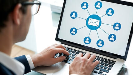 Man using laptop with email network diagram on screen