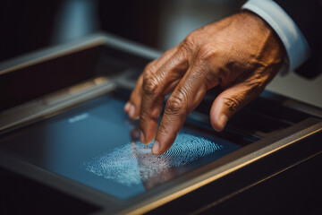 Poster - A man is touching a screen with a finger, and the screen shows a fingerprint