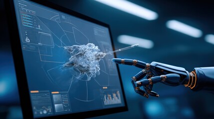 Poster - High-Tech Robotic Hand Interacting with Digital Brain Network on Advanced Computer Screen in a Futuristic Laboratory Setting
