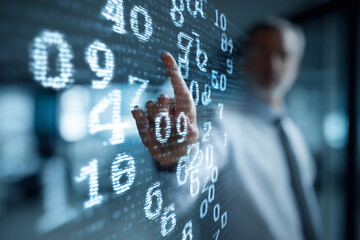 Fototapete - A man is pressing a button on a computer screen with a large number of numbers