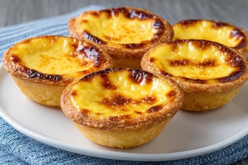 Wall Mural - Warm egg tarts or custard pastries on a white dish