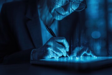 Aufkleber - Businessperson Analyzing Data and Digital Financial Charts on a Tablet with Digital Augmented Reality Elements in a Modern Office Environment