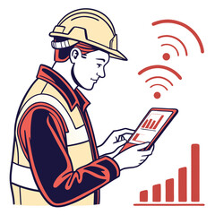 Poster - Construction Worker Using Wireless Tablet with Data Charts