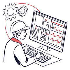 Poster - Engineer Working at Computer with Industrial Control Panel