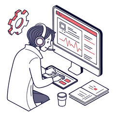 Poster - Isometric Illustration of a Technician Working at a Computer with Headset