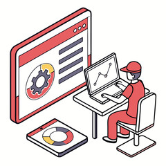 Poster - Isometric Illustration of Data Analyst Working at Desk with Charts and Graphs on Laptop and Large Screen