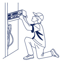 Poster - Male Technician Kneeling Installing Equipment