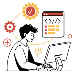 Poster - Man Coding on Desktop Computer with Programming Icons
