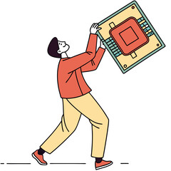 Poster - Man Lifting a Large Microchip in Simple Line Art Illustration