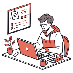 Poster - Man Working on Laptop at Desk, Red and White Illustration