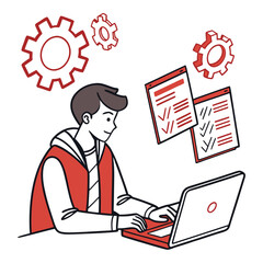 Poster - Man Working on Laptop with Checklists and Gears Illustration