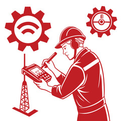 Poster - Red Illustration of Technician Using Handheld Device Near Antenna Tower