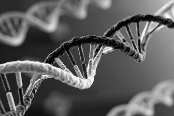 Poster - Close-up view of detailed helix DNA strands with molecular structure in grayscale emphasizing genetic science and biotechnology concepts