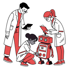 Poster - Team of Scientists Working on a Red Robot Illustration