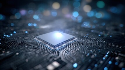 Aufkleber - Close-up of a computer microchip with glowing blue lights on a dark circuit board background with bokeh effect for technology and innovation concept