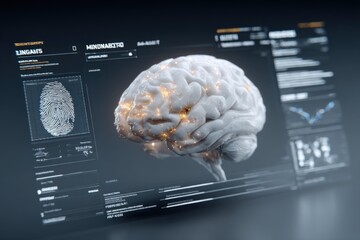 Poster - Advanced Medical Brain Scan Analysis Digital Interface Showing 3D Human Brain Model and Data Charts in a Modern Healthcare Technology Setting