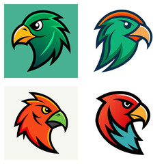 Poster - Four colorful parrot heads in different styles and color schemes displayed in a square arrangement