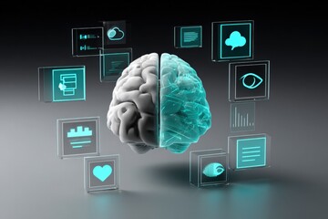Leinwandbilder - Futuristic Brain with Digital Cloud Data Icons and Technology Interface Elements in a Modern Sci-Fi Style