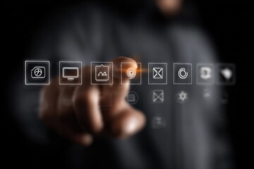 Poster - Businessperson Touching Digital Icons on Transparent Screen Showing Technology Interface for Modern Innovation and Data Management