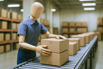 Poster - Efficiency and organization drive productivity as a wooden mannequin carefully stacks boxes on a conveyor belt in a warehouse setting