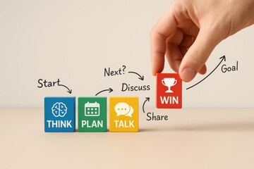 Poster - A arranges colored blocks symbolizing strategic thinking detailed planning collaborative discussion and achieving a clear goal in business
