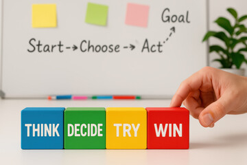 Poster - A strategic approach to success is symbolized by arranging colorful blocks representing thinking deciding trying and winning steps toward a business goal