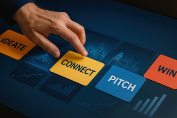 Poster - A interacts with a large touchscreen as virtual business cards representing creative thinking networking proposal and success dynamically across the interface