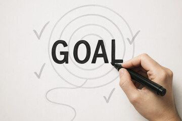 Poster - A writing the word goal on a target board with checkmarks symbolizes strategic planning and achievement in business